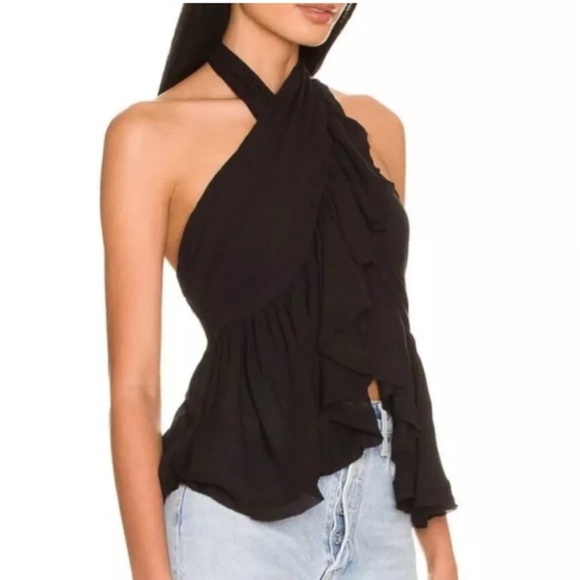 FREE PEOPLE Halter Top Faux Wrap Open Front Ruffle Front large - Picture 2 of 9